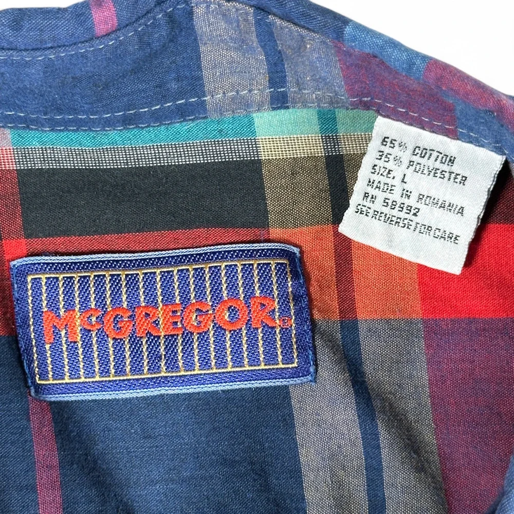 Vintage McGregor Shirt Adult LARGE Red Purple Green Patchwork Plaid Rainbow 80s
